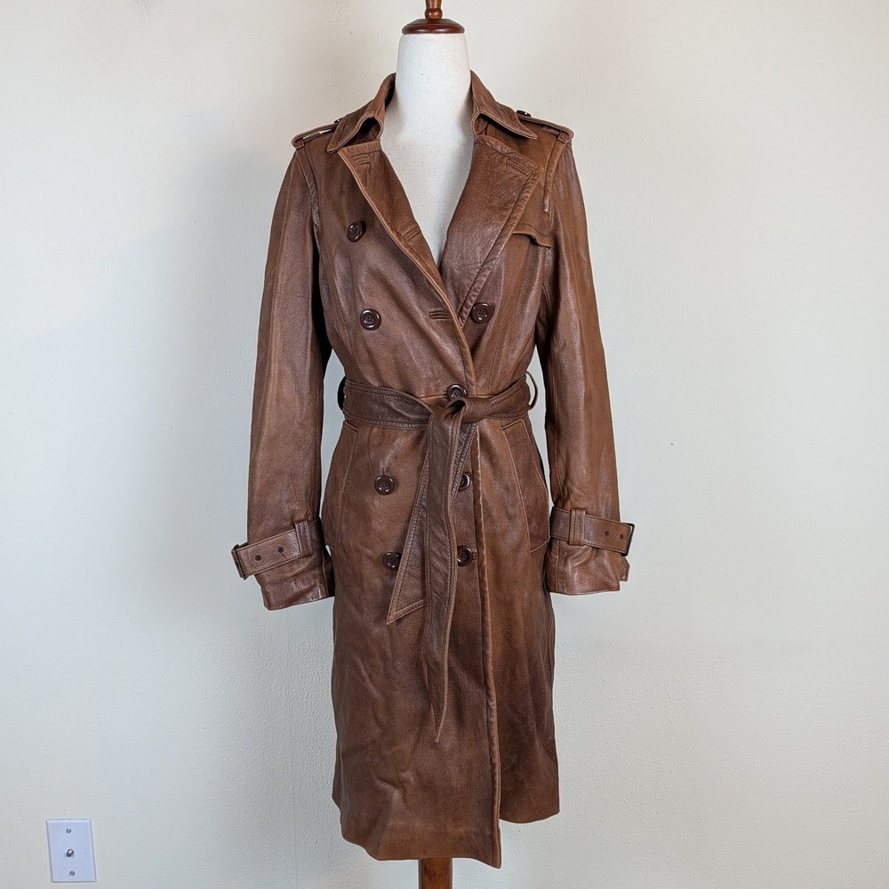 Bebe Coat Small Brown Leather Double Breasted Trench Belted Midi Classic Midi